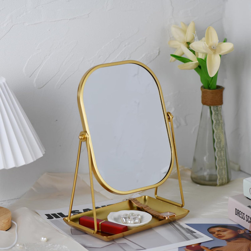 Miroir de maquillage rotatif à 360 degrés avec rangement, miroir de coiffeuse pour bureau, salle de bain, chambre à coucher, coiffeuse (doré)