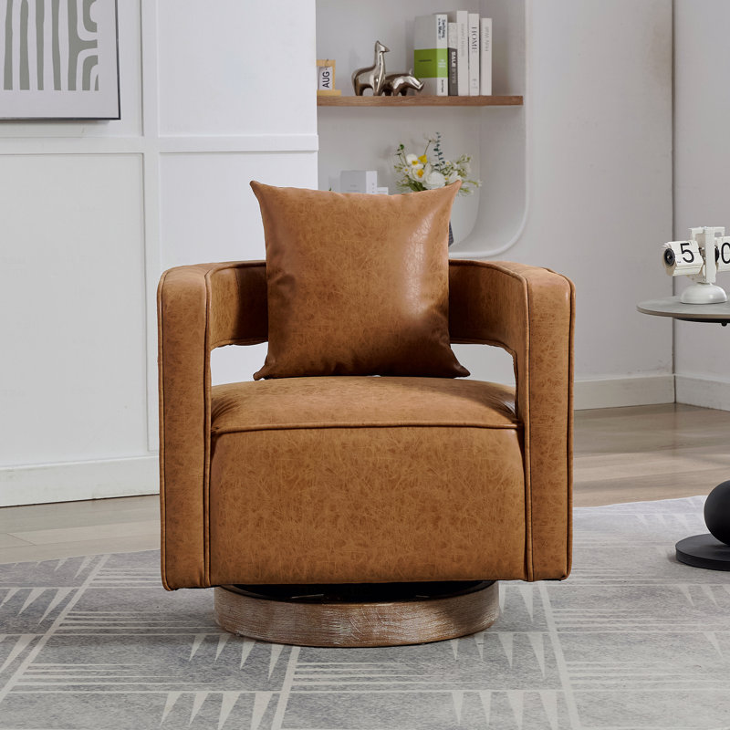 Fauteuil d'appoint de style moderne et pivotant de 29,1 po avec dossier tonneau et base patinée, Brun