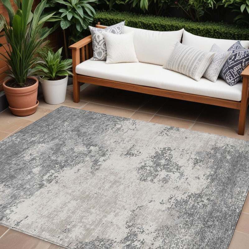 Tapis extérieur lavable abstrait gris et beige 10 pi x 14 pi