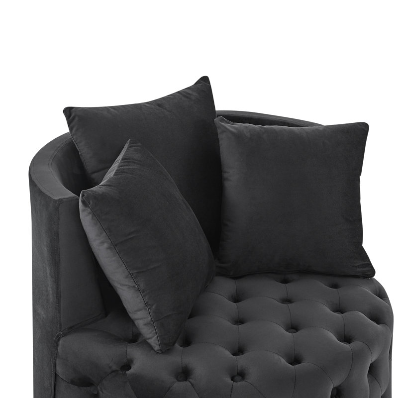 Fauteuil pivotant en velours moderne avec capitonnage à boutons et roues mobiles, noir