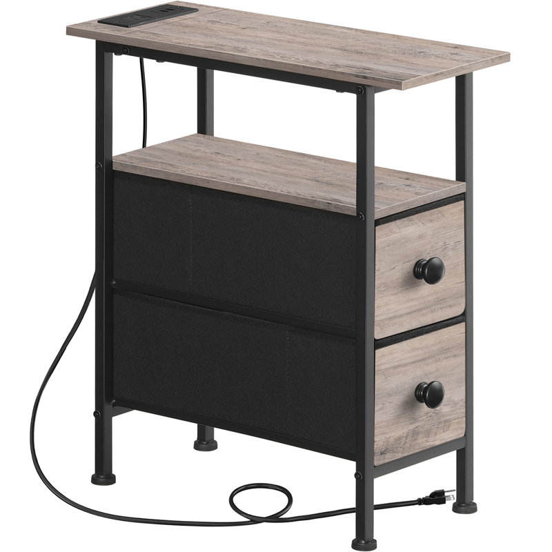 Narrow End Table with Charging Station, Gray/Black, 23.6" H x 18.9" L x 7.8" D