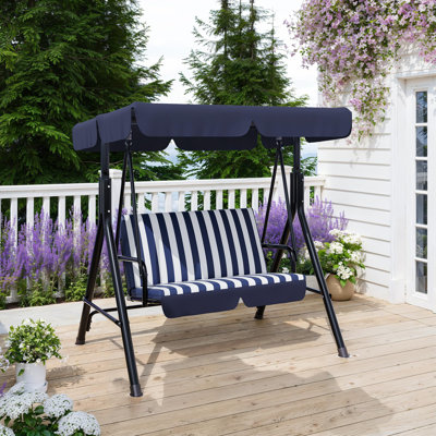 Balancelle d'extérieur avec auvent réglable, balancelle de patio 2 places avec support, balançoire d'extérieur robuste pour adultes, balançoire de patio en métal pour le jardin, la cour et la piscine, rayé bleu