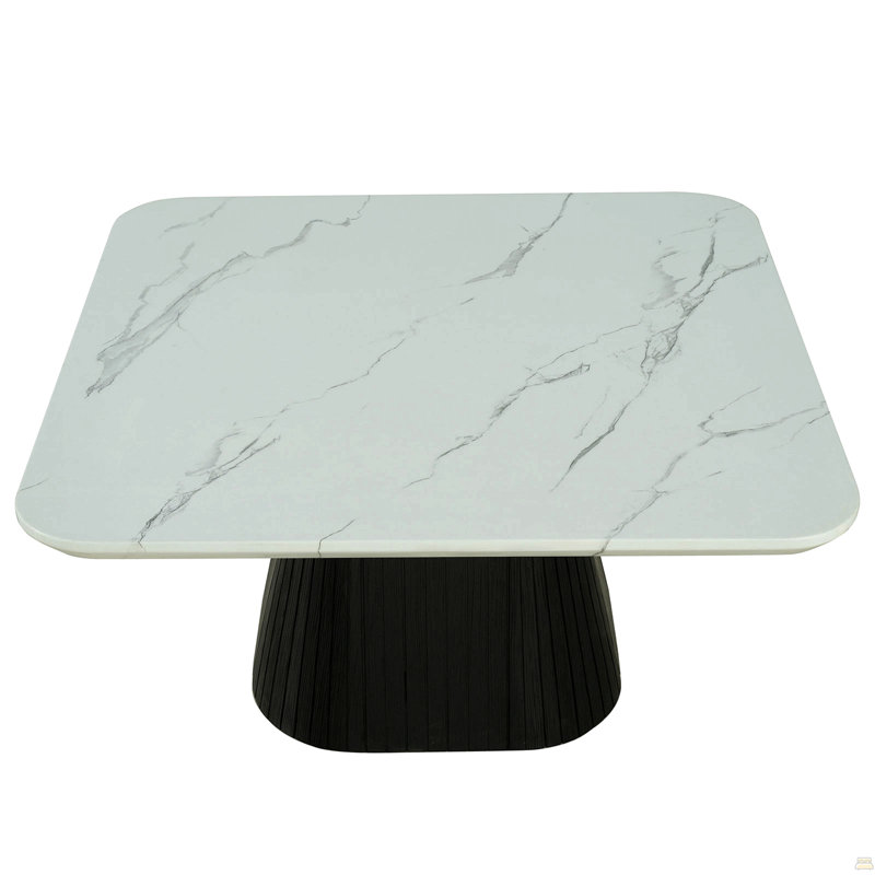Table basse carrée de style contemporain avec plateau en faux marbre et base en tambour