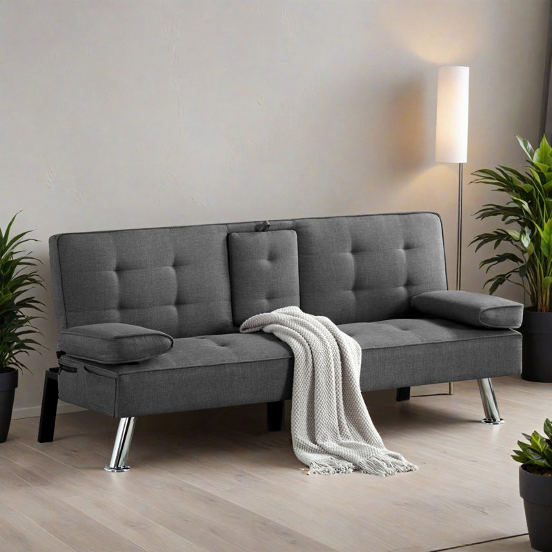 65.32" Wide Convertible Upholstered Reclining Sleeper Sofa Bed, Dark Gray