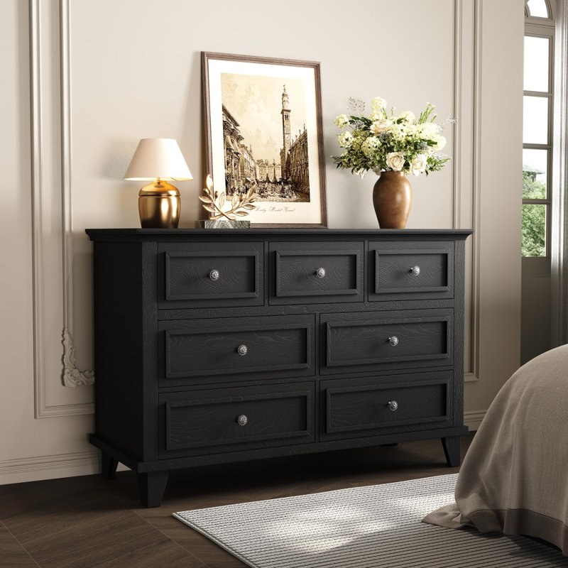 Black Rustic Wood 7 Drawer Dresser – 47 Inch Wide Chest, Thickened Desktop & Metal Handle, for Bedroom, Hallway, Entryway, Closet (Black)