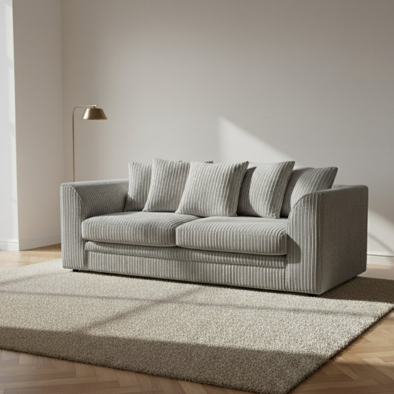 3 Seater Corduroy Sofa, Silver, 90cm H x 190cm W x 90cm D
