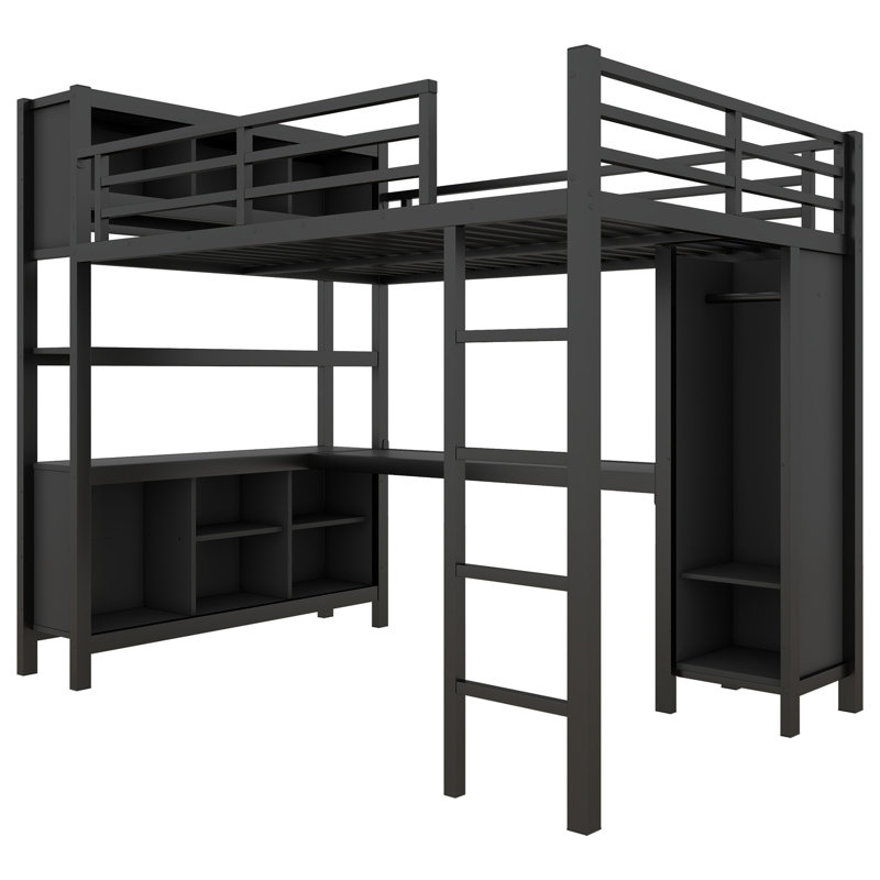 Lit mezzanine double avec garde-robe et bureau en L noir, métal, rangement pour adolescents, adultes noirs, très résistant