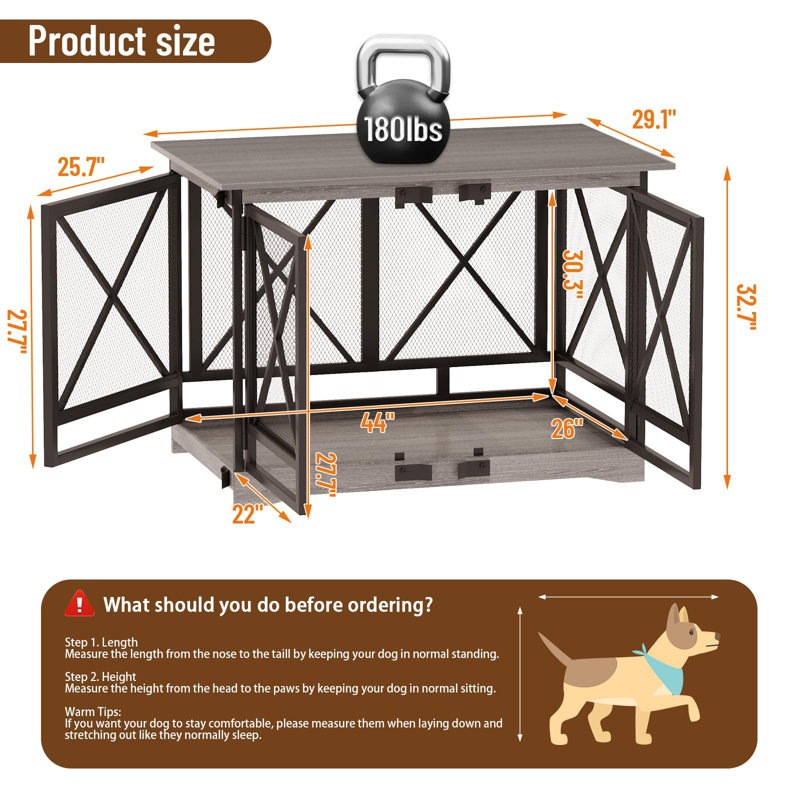  Table de bout robuste 48 po avec double porte pour chien, Gris
