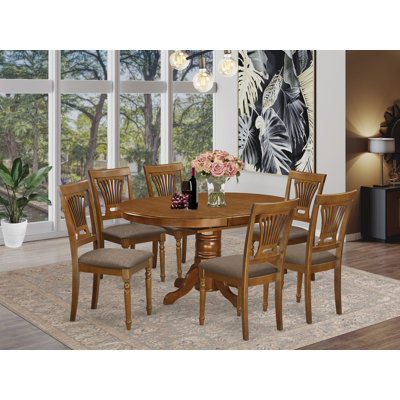 7 Piece Dining Table Set Consist of an Oval Dining Room Table with Butterfly Leaf and 6 Linen Fabric Upholstered Chairs, 42x60 Inch, Saddle Brown