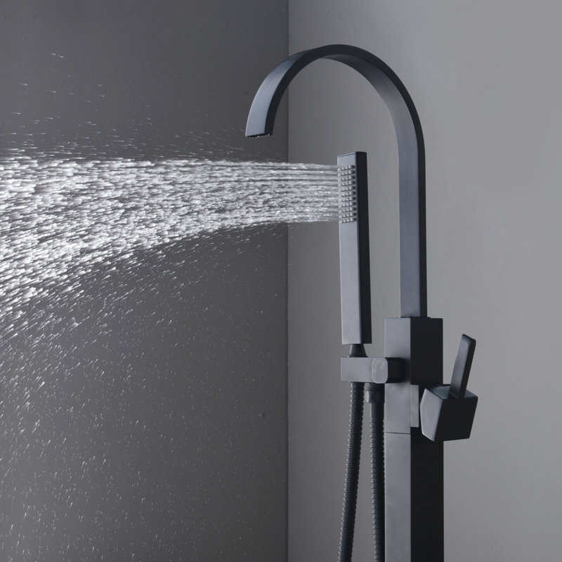 Bathroom Floor Mount Bathtub Faucet With Handheld Shower - Black Matte Finish Curved And 1/2 Thread, Matte Black