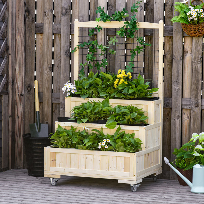 Outsunny 3-Tier Vertical Planter Box with Trellis & Back Storage - Natural