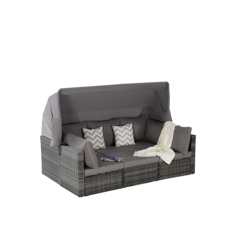 5 Pieces Outdoor Patio Wicker Daybed Furniture Set With Retractable Canopy, Storable Side Table, And Soft Cushions For Relaxing In Your Backyard Or Porch