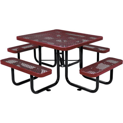 Global Industrial 46" Square Picnic Table, Expanded Metal, Red Thermoplastic Coating, Attached Benches, 1-1/2” Umbrella Pole Hole, Outdoor-Rated, 1000 Lb Capacity