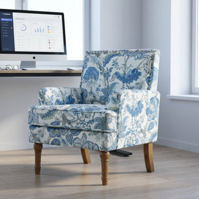 Chaise d'appoint de style campagnard avec revêtement floral, garniture cloutée et pieds en bois massif, assise confortable rembourrée ergonomique