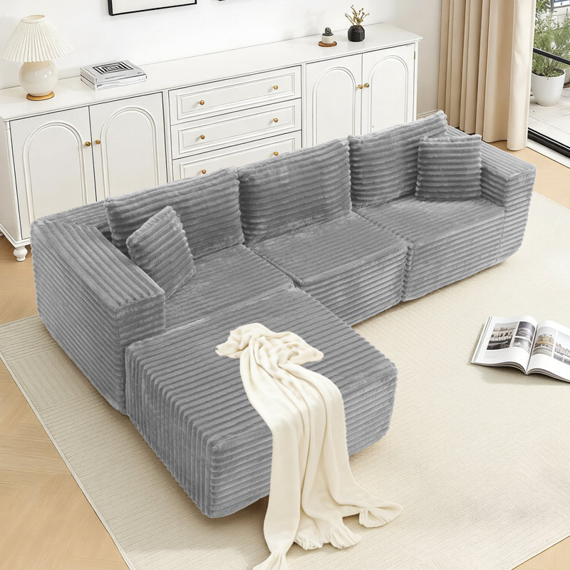 108" Modular Sectional Couches Luxury Modern Corduroy Sofa, Minimalist Comfy L-Shape Cloud Couch, Compression Packaging & No Assembly Required for Living Room Apartment
