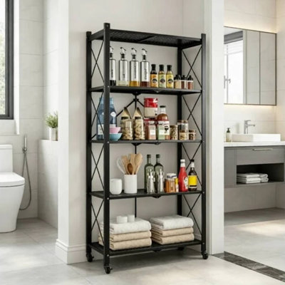 5 Tier Folding Storage Shelves on Wheels (Black)