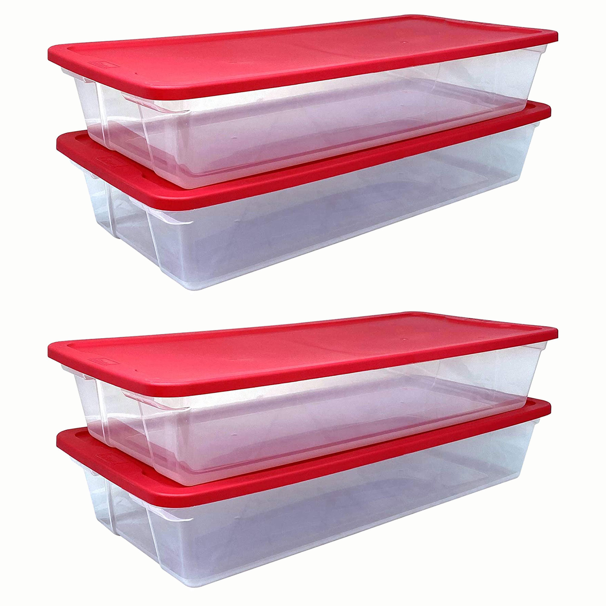 Homz 3421CLRDDC.02 Large 41 Quart Clear Plastic Under Bed Stackable Holiday  Storage Container with Red Snap Lock Lid, 2 Pack