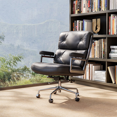 Fauteuil de direction en cuir véritable avec structure et roues en aluminium, fauteuil de bureau pivotant avec dossier épais et soutien lombaire ergonomique