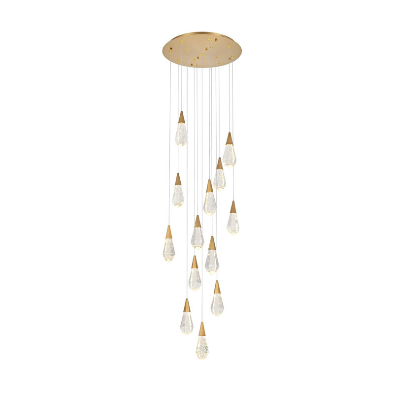 Luminaire suspendu rond en cristal 24 pouces Forrester, H 128 po x l 24 po x P 24 po, Or satiné