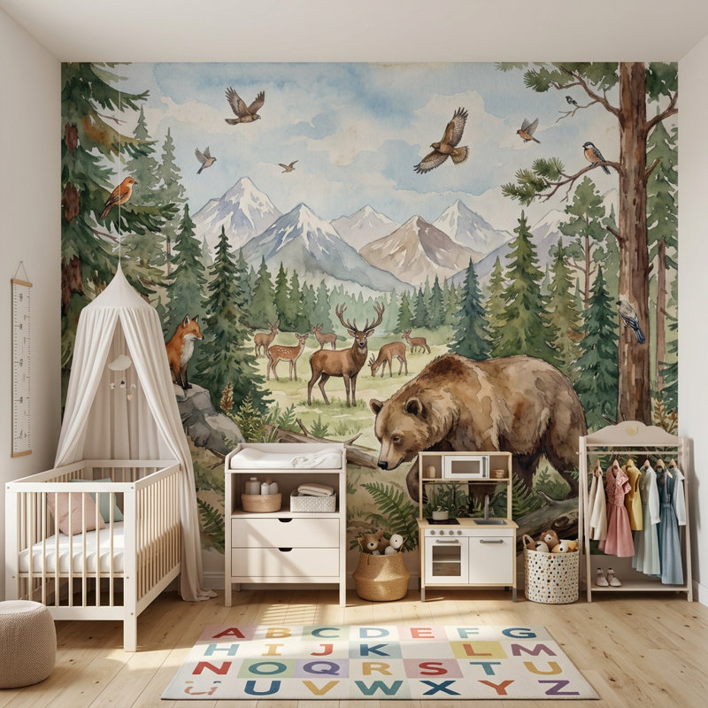 Papier peint forêt, montagnes, décoration murale amovible, 140 po x 108 po, Peler et coller