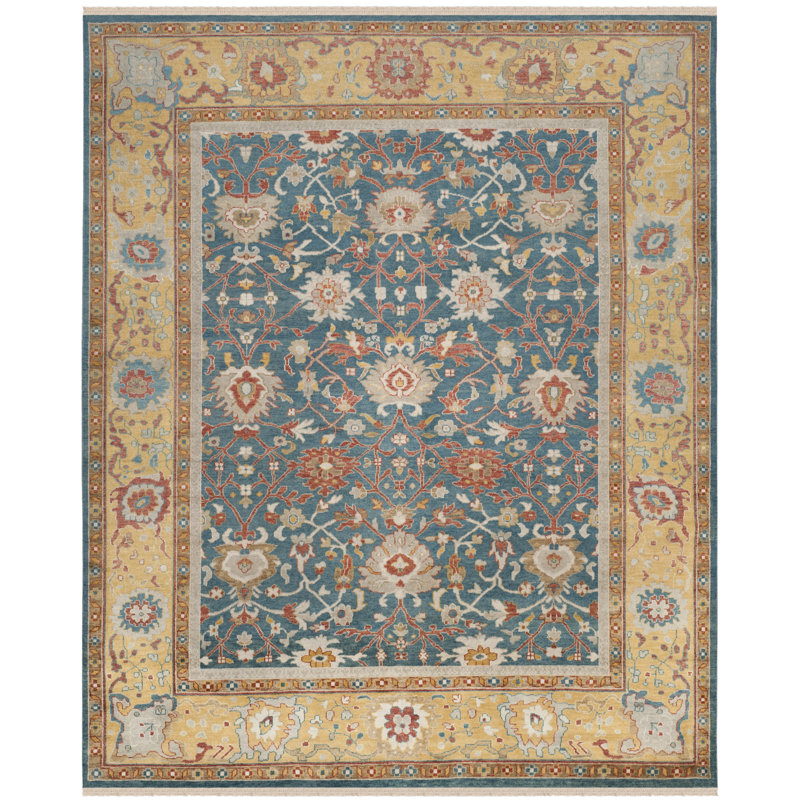  Tapis oriental en laine noué à la main bleu, Rectangle 8 pi x 10 pi