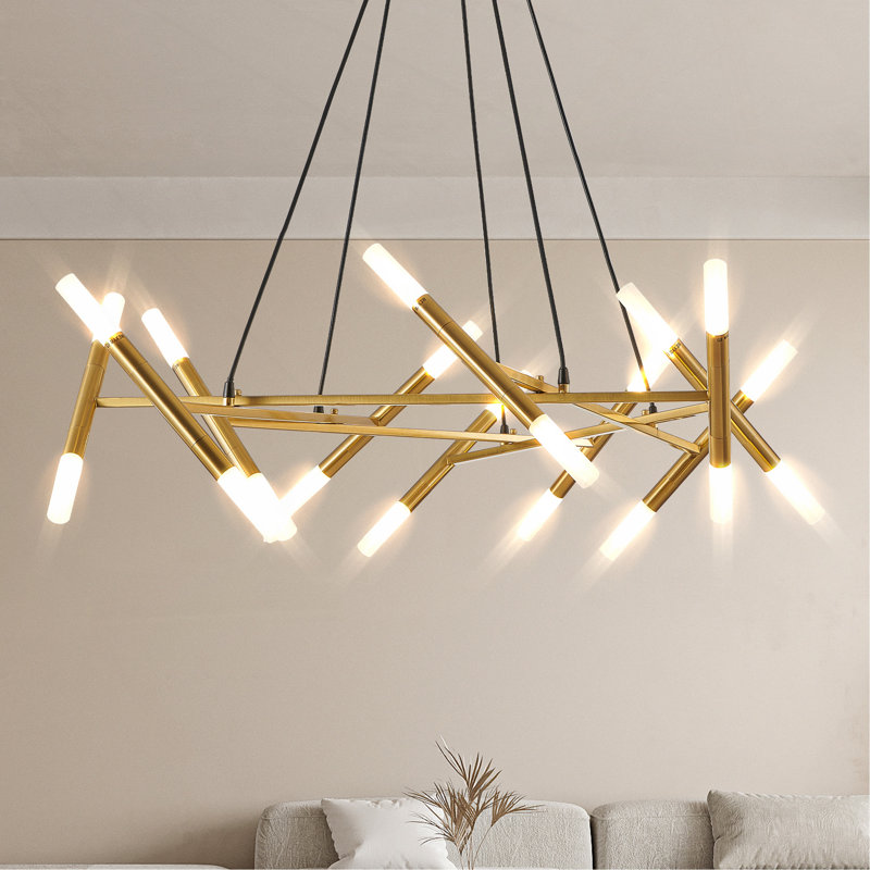 41" Modern Gold Branch Chandelier with Frosted Tubes & Black Cords, Adjustable Height Pendant Light Fixture for Dining Room, Living Room & Kitchen Island (Bulbs Not Included)