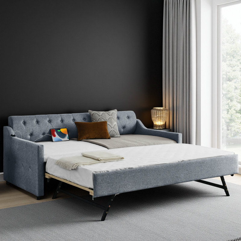 Multifunctional Elegant Mid-Century Upholstered Daybed with Trundle & USB Charging, Gray