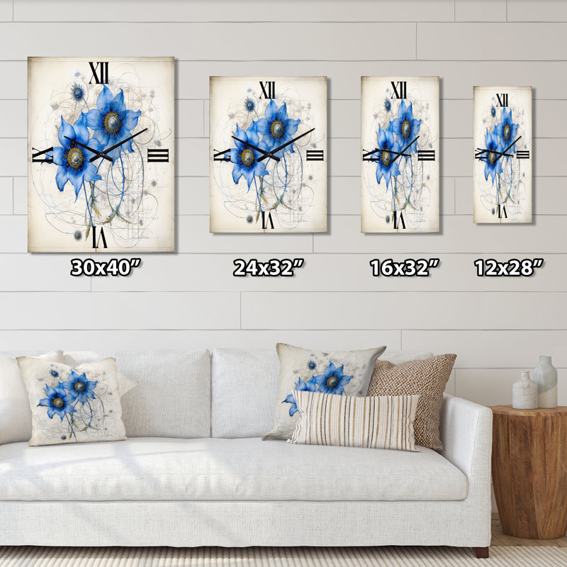 Illustration rétro de la marguerite bleue I - horloge murale rétro Daisy, Très grand