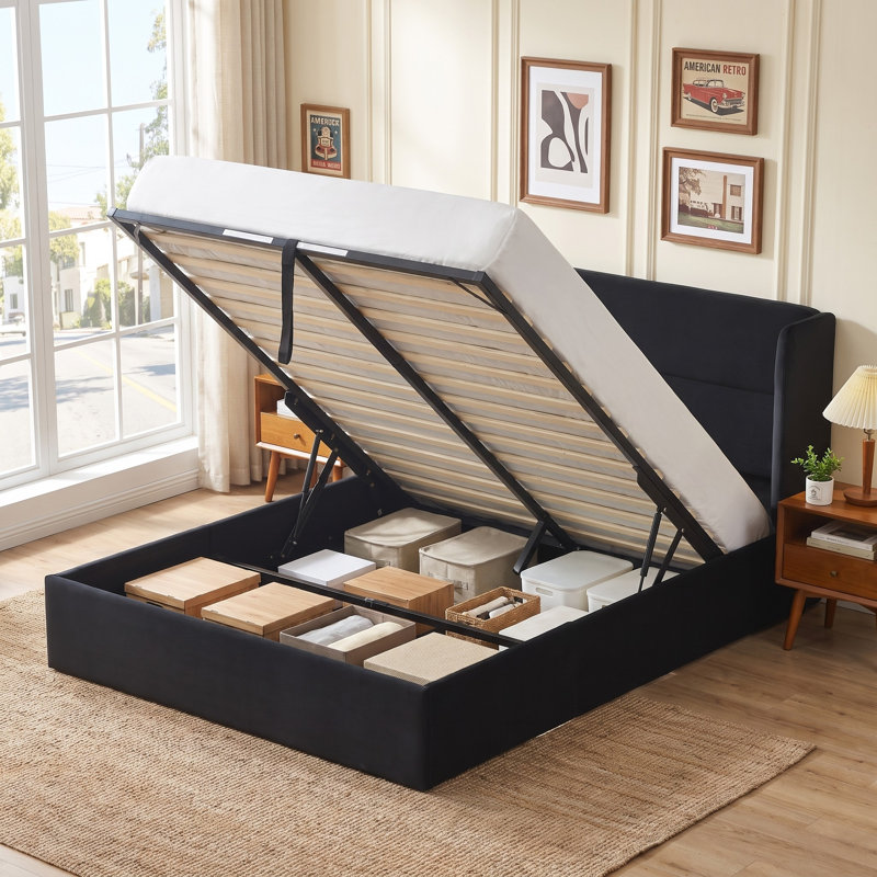 Lit plateforme tapissier avec rangement Gaillarde, Double, Noir