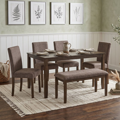 Farmhouse Wood Dining Table Set with Bench and Four Upholstered Chairs