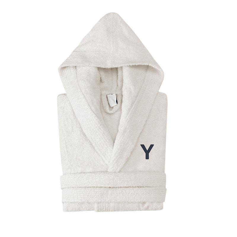 Peignoir monogrammé à capuche en coton turc, Y, Crème, crème