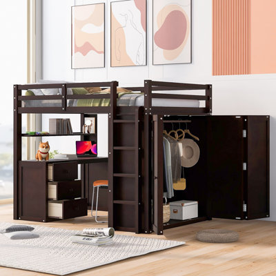Lit mezzanine avec tiroirs, bureau et garde-robe