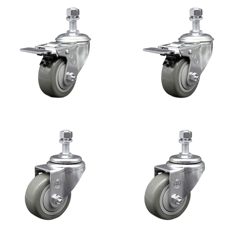 3.5 Inch SS Gray Poly Swivel ½ Inch Threaded Stem Caster Set 2 Total Lock Brake