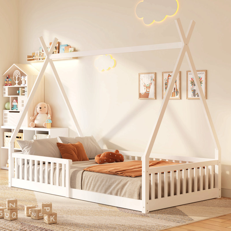 Lit simple en bois avec clôture, blanc, White