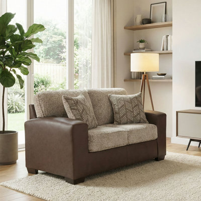 Marvella Living Room Loveseat With Chocolate Faux Leather Upholstery And Curly Shearling Cushions