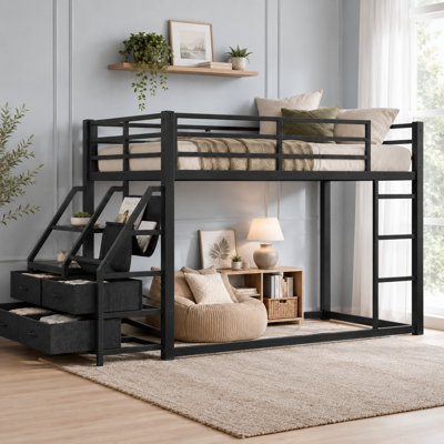 Lit superposé simple en métal noir pour les adolescents - Comprend des tablettes de rangement, des tiroirs et des lumières DEL; Sommier non requis