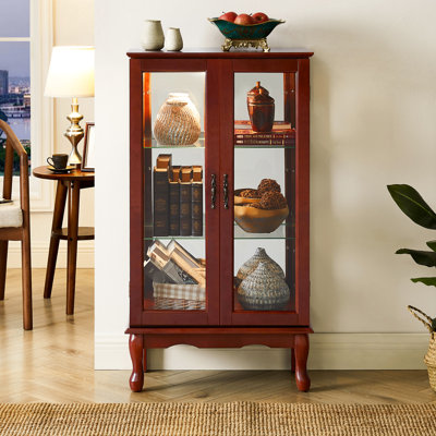 Curio Cabinet In Cherry With Mirrored Back And 50.06 Lbs Weight 3 Shelf Load-Bearing Capacity