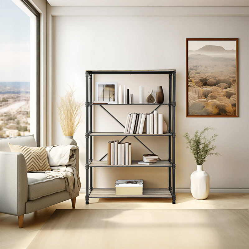 Galien Rectangular Etagere Bookcase in Antique Oak and Sandy Gray, Antique Oak
