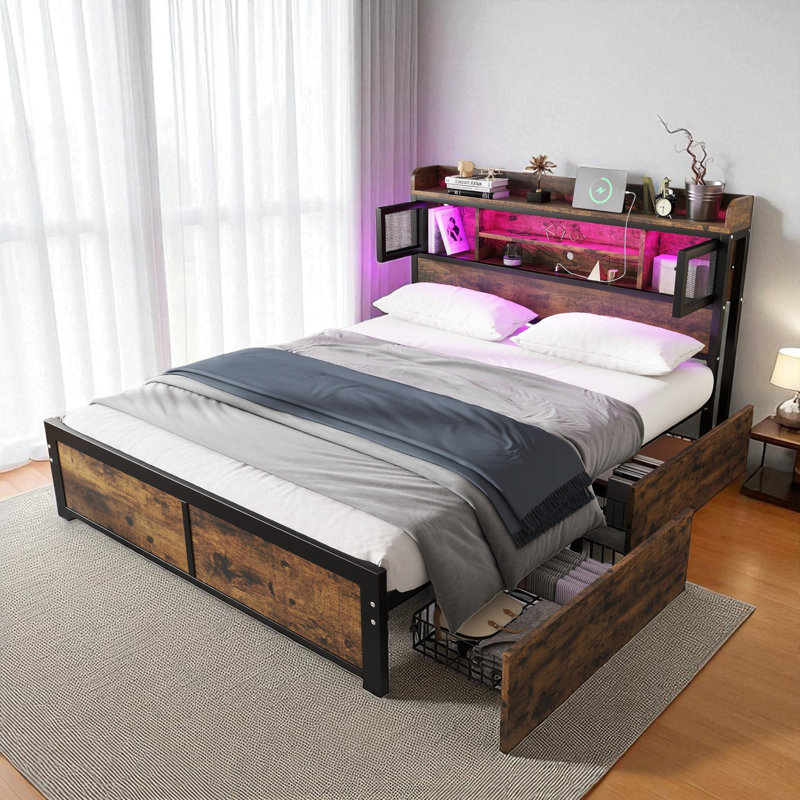 Metal Bed With Led And 2 Drawers Industrial Style, Double (4'6)