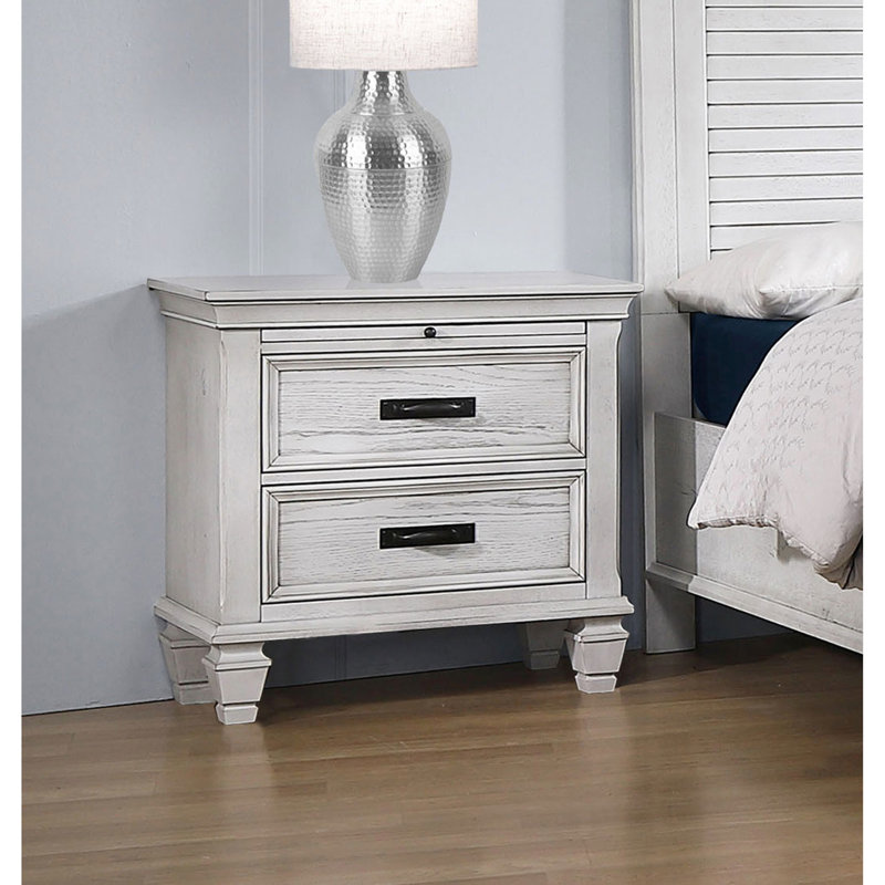 Table de chevet blanche antique avec 2 tiroirs - Plateau coulissant et accès pour les articles de chambre à coucher