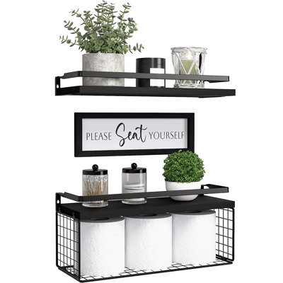 Floating Shelves with Wall Décor Sign, Bathroom Shelves Over Toilet with Wire Storage Basket, Wood Wall Shelves with Protective Metal Guardrail