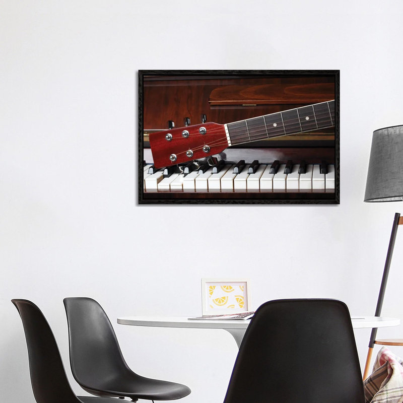 Guitar Neck On Old Piano Keys - Print on Canvas, Black Framed, 66.04cm H x 101.6cm W x 3.81cm D