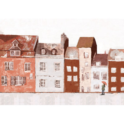 Girl Walking Along Buildings - Painting Print