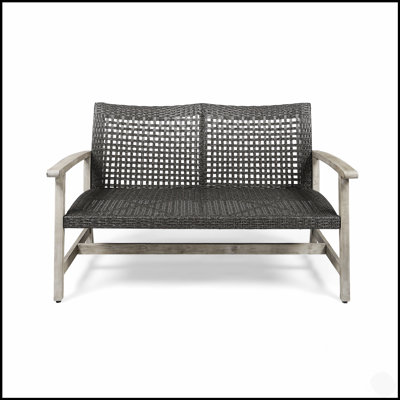 Handwoven Wicker And Acacia Wood Loveseat With Weather-Resistant Design For Outdoor Relaxation