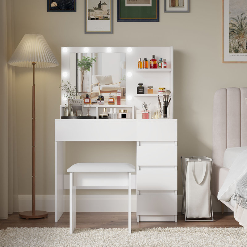 Makeup Vanity Desk Set with Mirror, Lights, and Storage with Power Strip