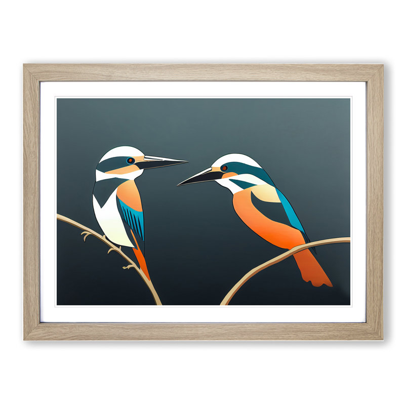 Abstract Kingfisher Birds - Framed Print, 25cm H x 34cm W x 2cm D, Oak
