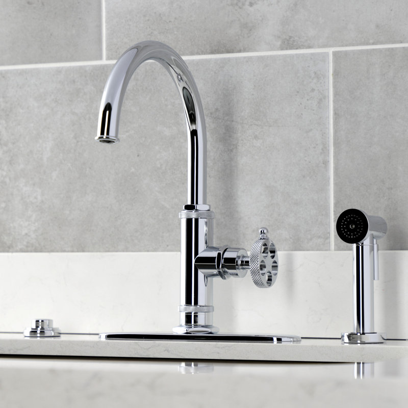 Kingston Brass Webb Single-Handle 1-Hole Deck Mount Kitchen Faucet with Knurled Handle and Brass Side Sprayer