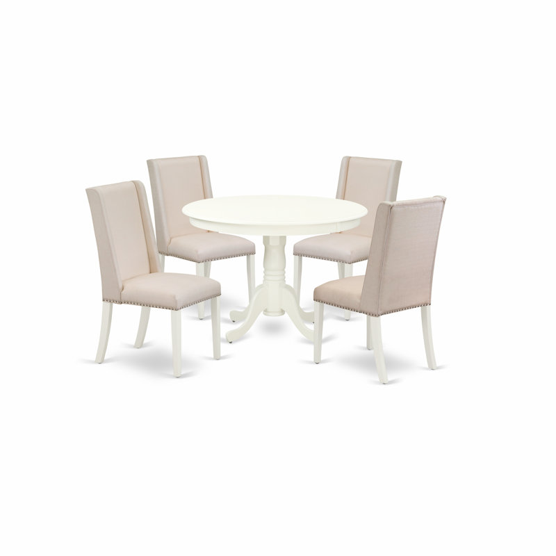 L'ensemble 5 pièces de table et chaises de cuisine comprend une table de salle à manger ronde avec piédestal et 4 chaises de salle à manger Parsons en lin crème, blanc lin