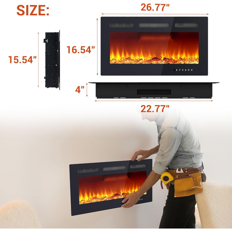 Foyer électrique mural de 30 pouces - Télécommande, fonctionnement silencieux, minuterie, écran tactile, 12 couleurs de flamme réglables et luminosité, chauffage 750 W / 1500 W