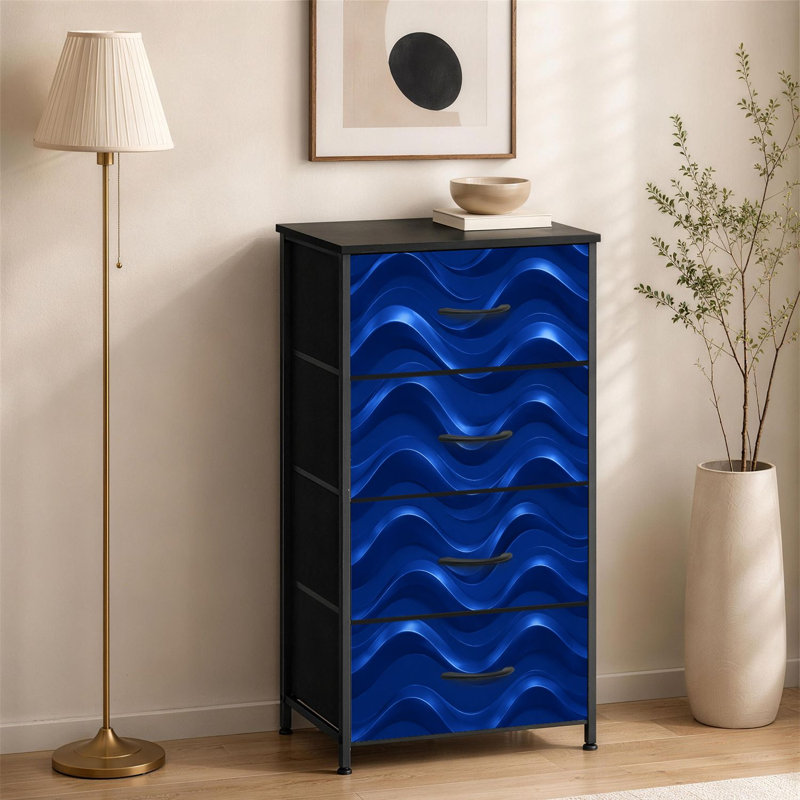 Commode à 4 tiroirs pour chambre à coucher bleue abstraite ondulée superposée 3D à lignes fluides et moderne petite commode à vêtements haute pour organisateurs de placard avec commode